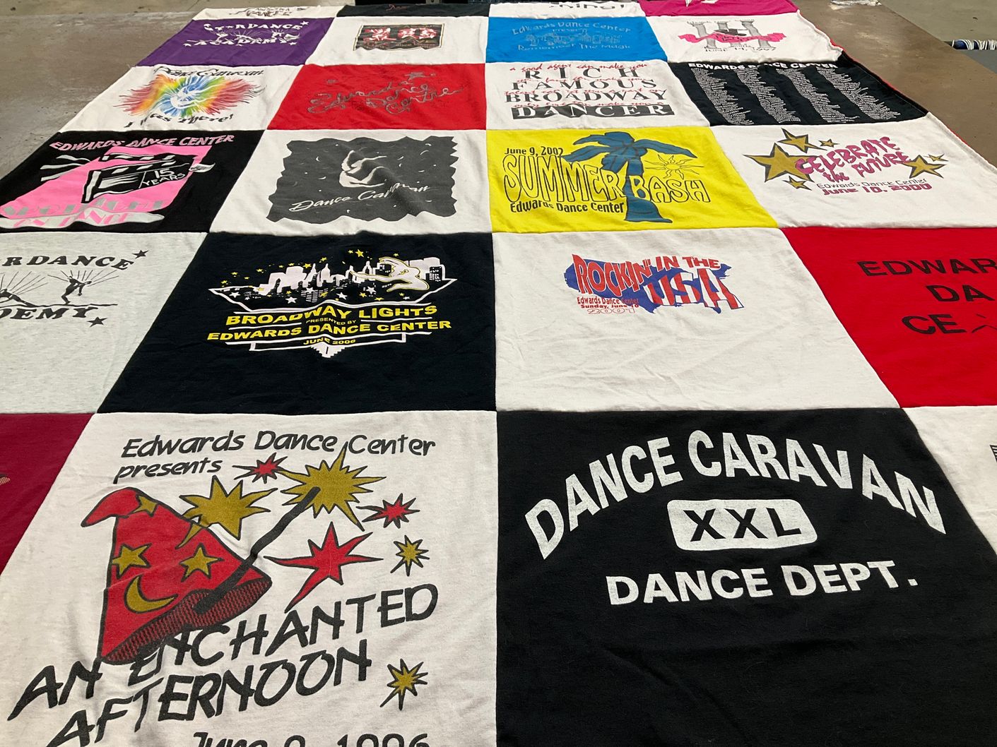 T-shirt quilt with dance, performing arts themes by Sarah from WI