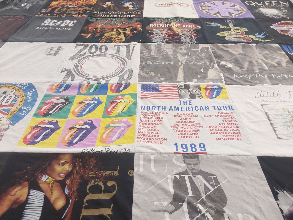 T-shirt quilt with music, rock themes by Marisa from FL