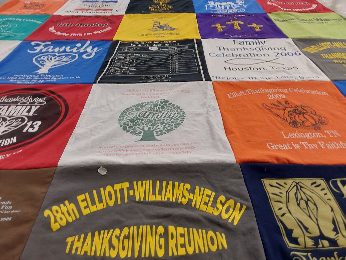 T-shirt quilt with family gatherings, thanksgiving celebrations themes by Jerry from IN