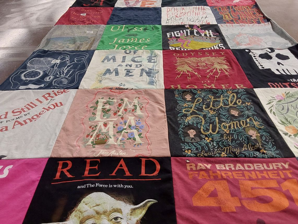 T-shirt quilt with literature, reading themes by Jennie from OK