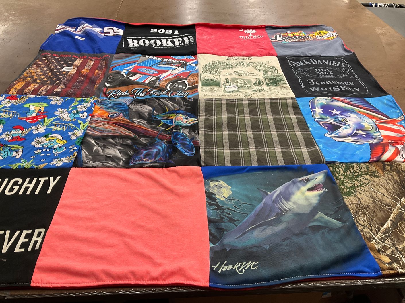 T-shirt quilt with fishing, trucks themes by Tosha from MO