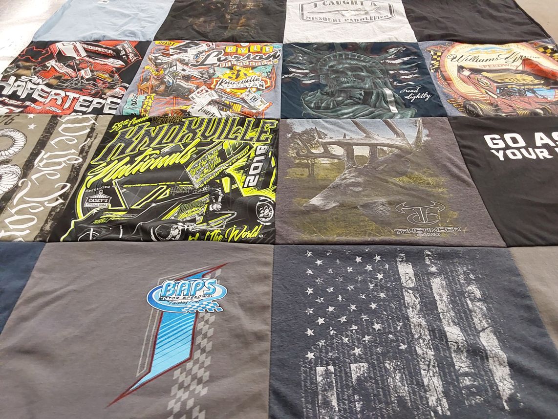 T-shirt quilt with racing, hunting themes by Tosha from MO