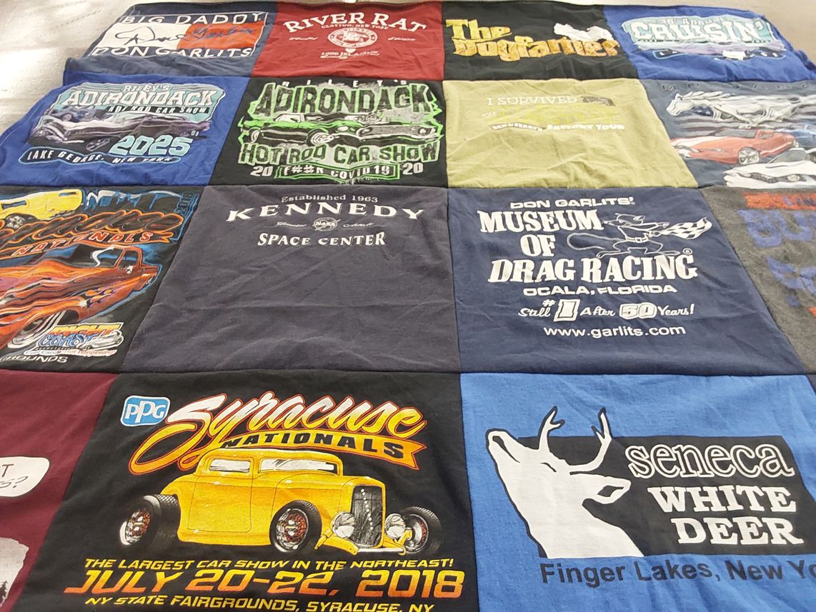 T-shirt quilt with car shows, drag racing themes by Patricia from NY