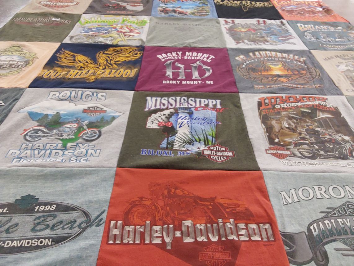T-shirt quilt with motorcycling, biking themes by Billy from NC