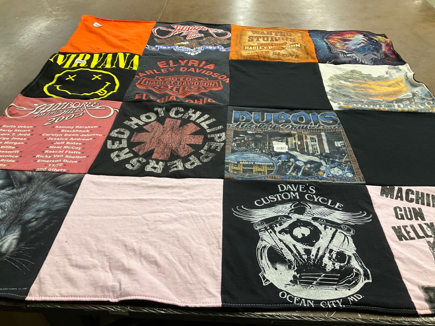 T-shirt quilt with music, motorcycles themes by Josie from OH