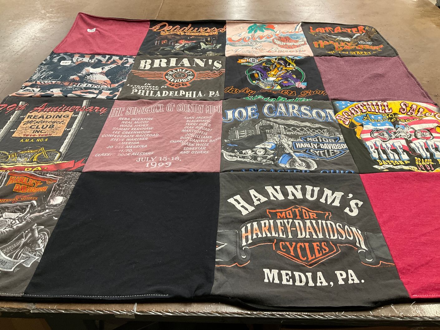 T-shirt quilt with motorcycles, harley-davidson themes by Josie from OH