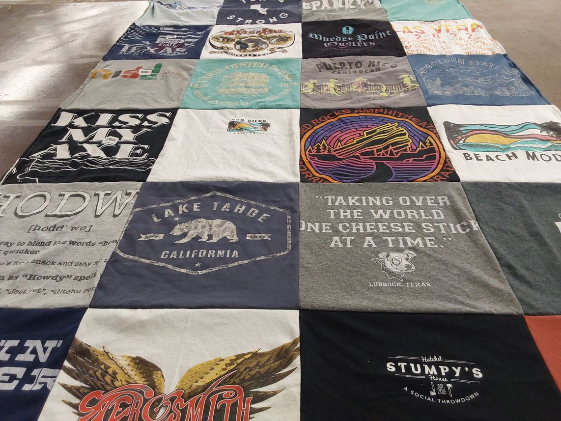 T-shirt quilt with music, travel themes by Jamie from TX