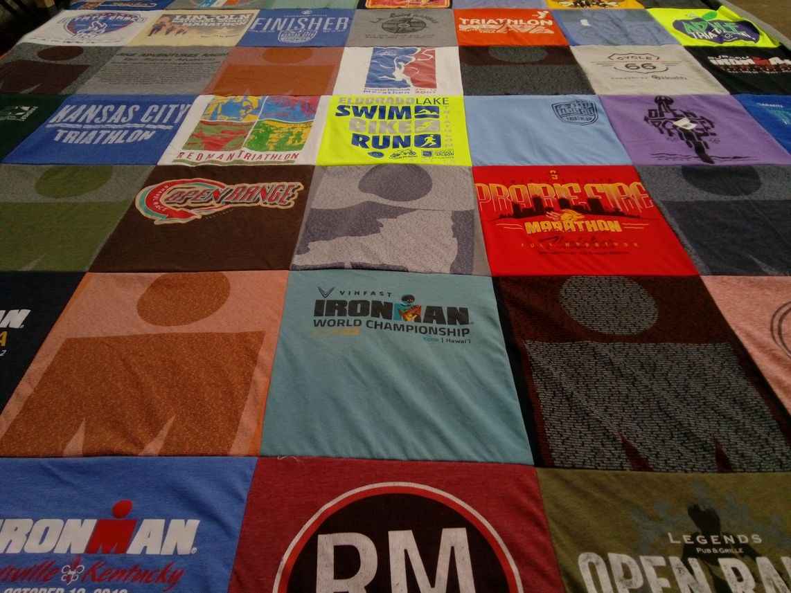 T-shirt quilt with athletics, fitness themes by Robin from KS