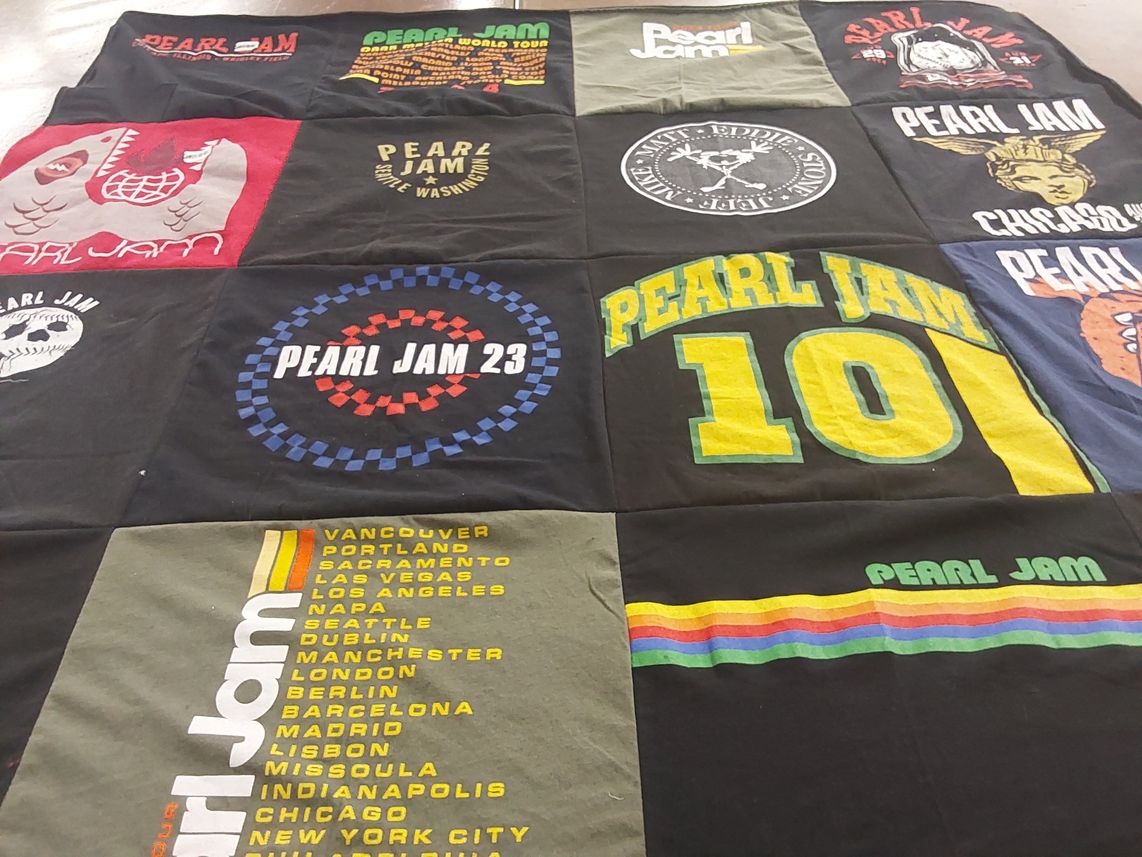 T-shirt quilt with music, rock themes by Elizabeth from IL