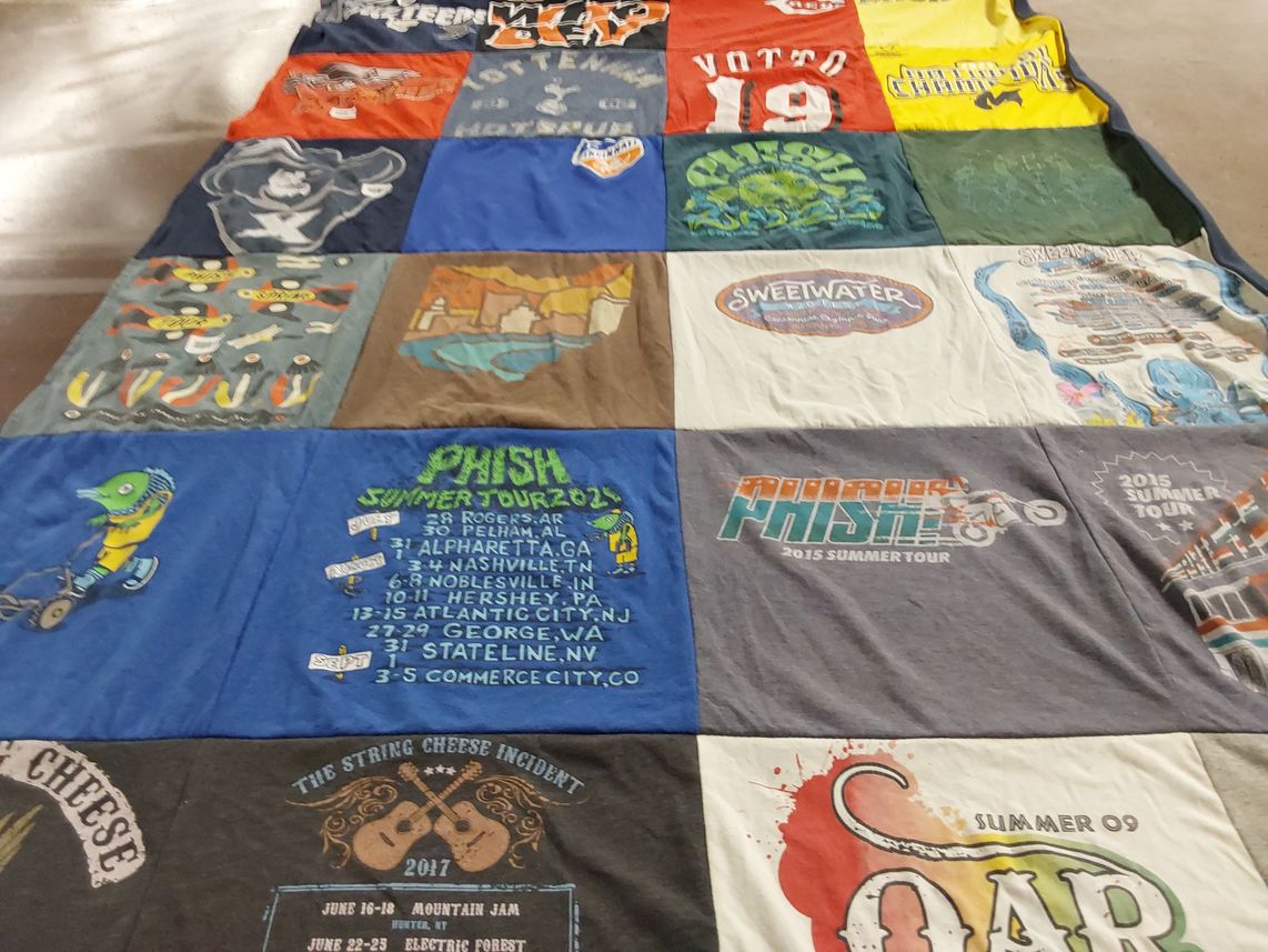 T-shirt quilt with music, concerts themes by Sam from OH