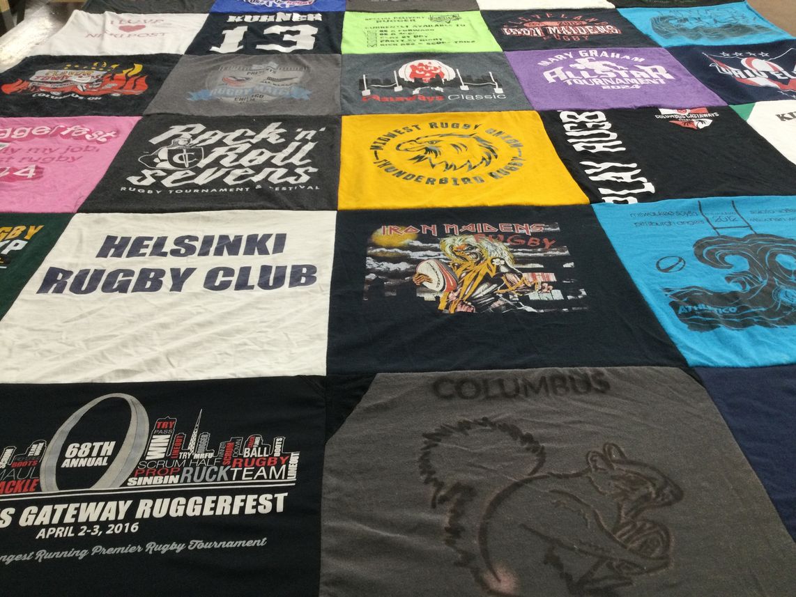 T-shirt quilt with rugby, sports themes by Mary from OH