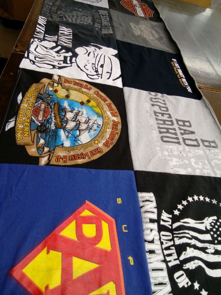 T-shirt quilt with motorcycles, travel themes by Nannette from NC