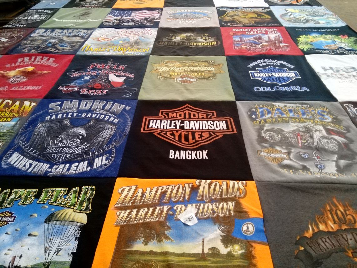 T-shirt quilt with motorcycles, biking themes by James from NC