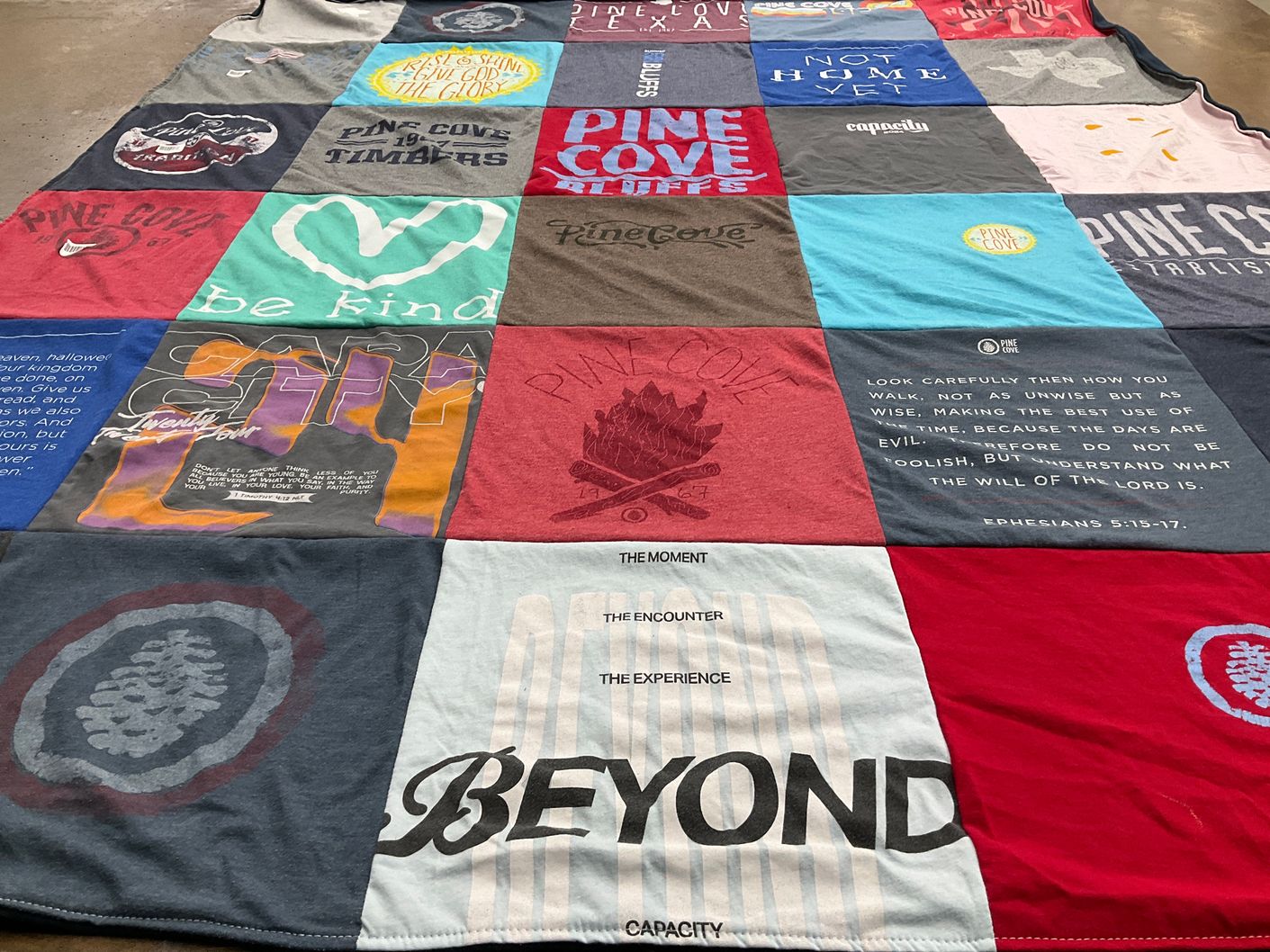 T-shirt quilt with camping, faith themes by Jennifer from CO