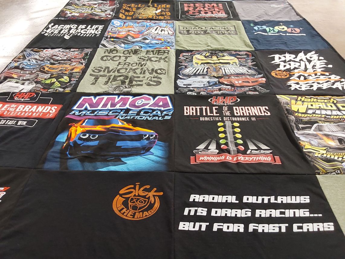 T-shirt quilt with automotive, drag racing themes by Neichaun from VA