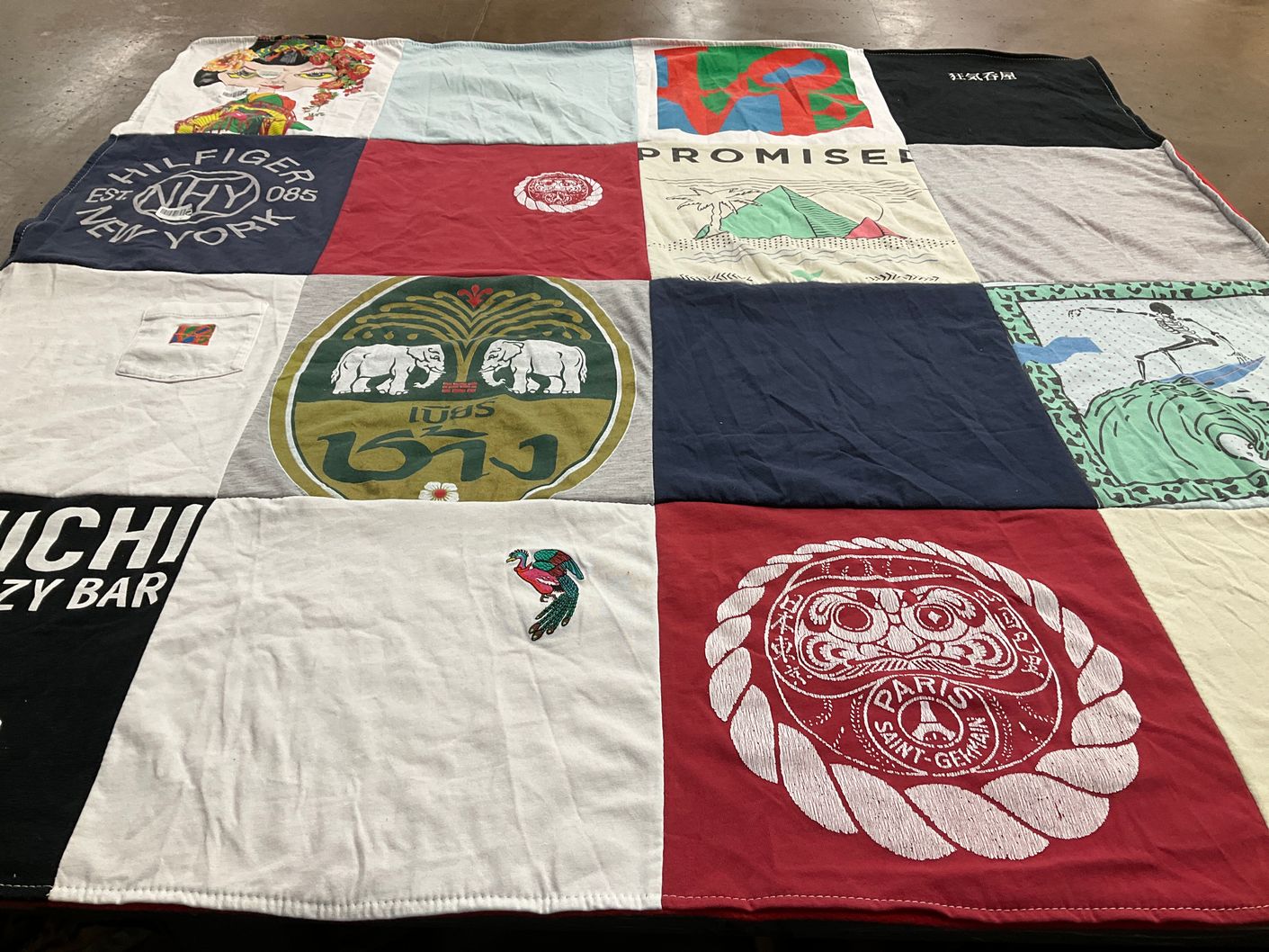 T-shirt quilt with travel, food themes by Michelle from CA