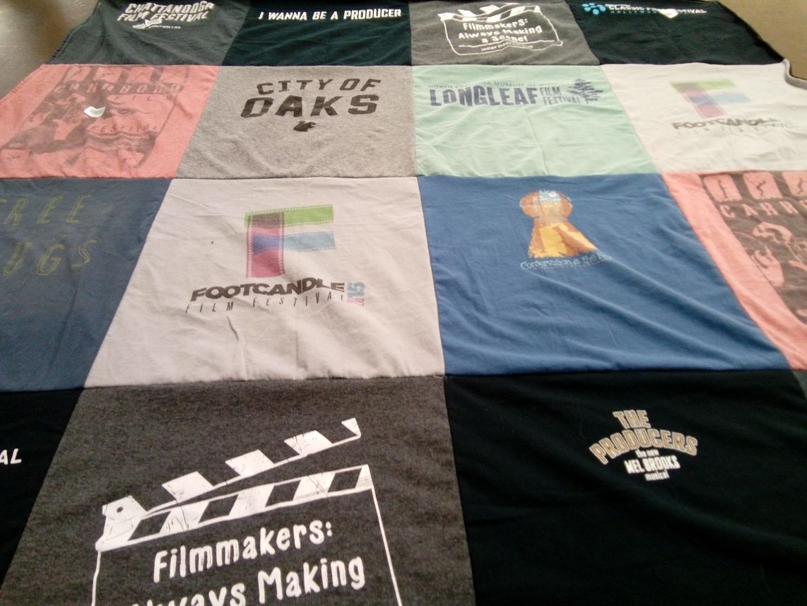 T-shirt quilt with film, filmmaking themes by STEVEN from NC