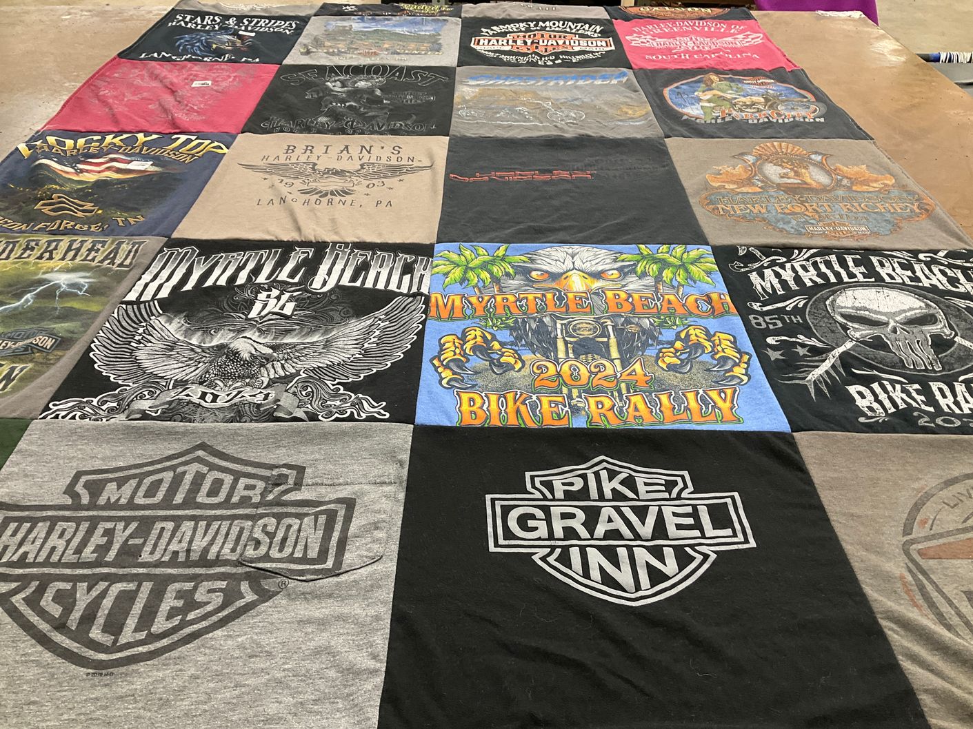 T-shirt quilt with motorcycles, biking themes by Angela from PA