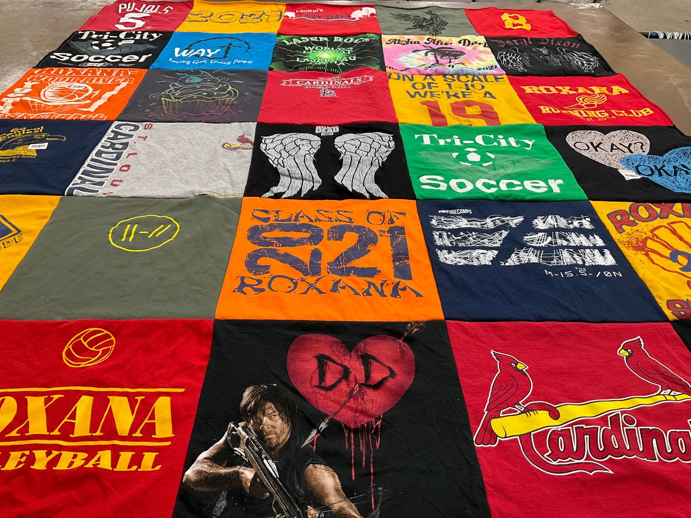 T-shirt quilt featuring roxana high school volleyball, roxana high school soccer by Dianne from IL