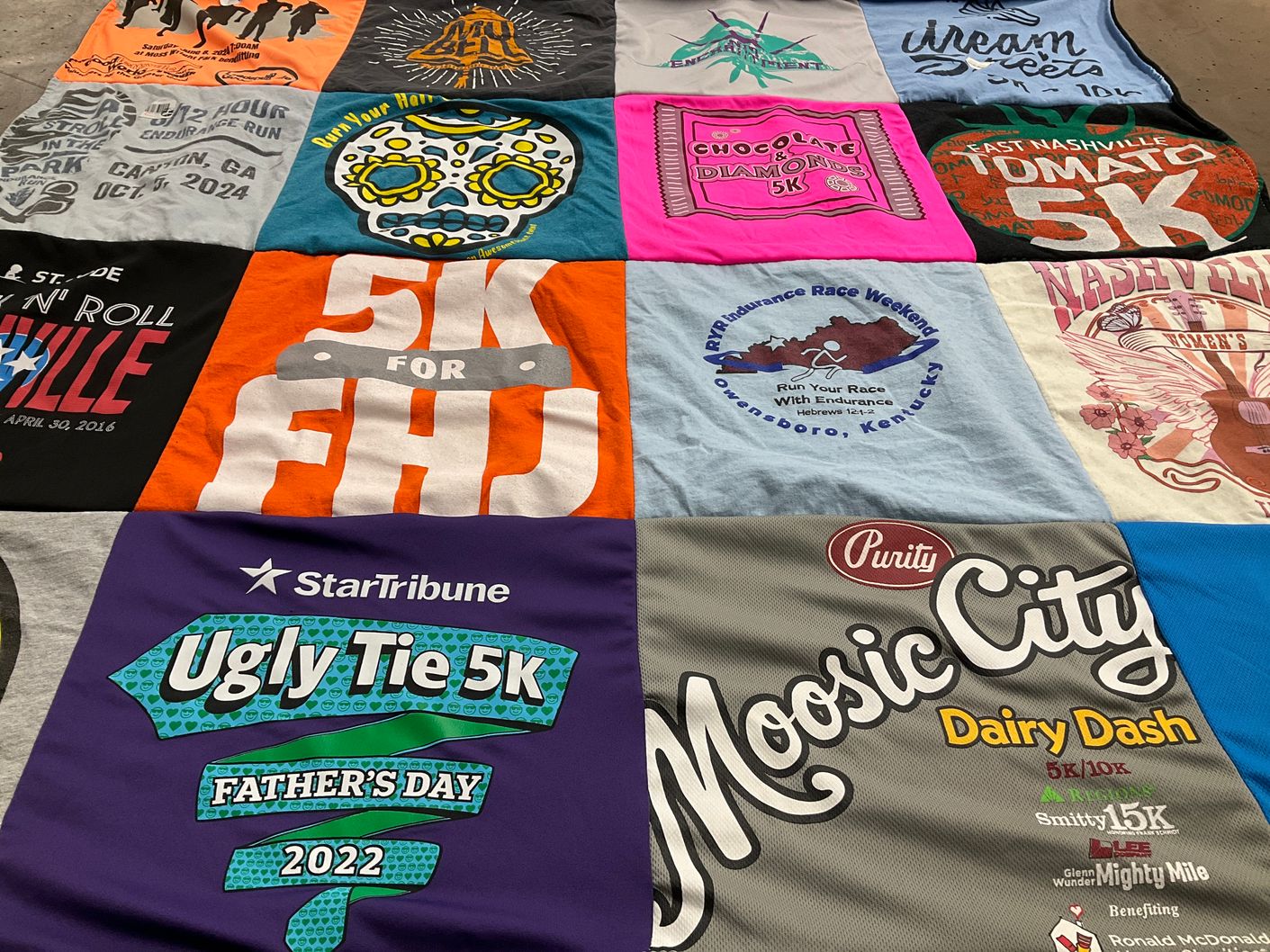 T-shirt quilt with running, charity themes by Janelda from TN