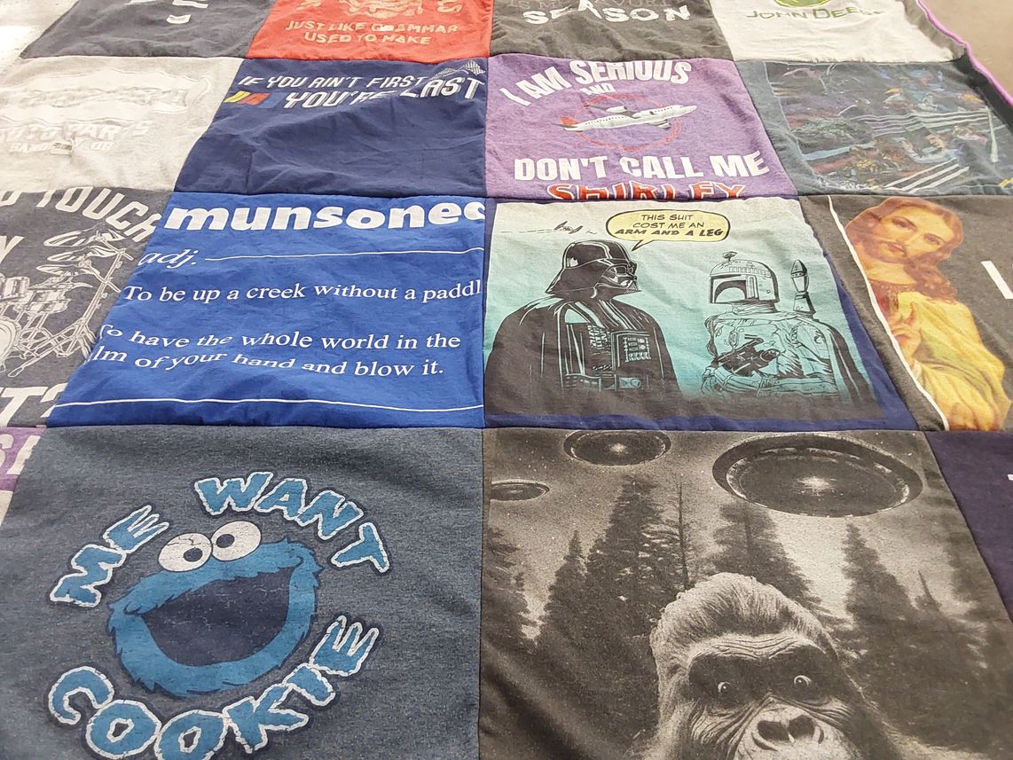 T-shirt quilt with star wars, comedy themes by Christina from OR