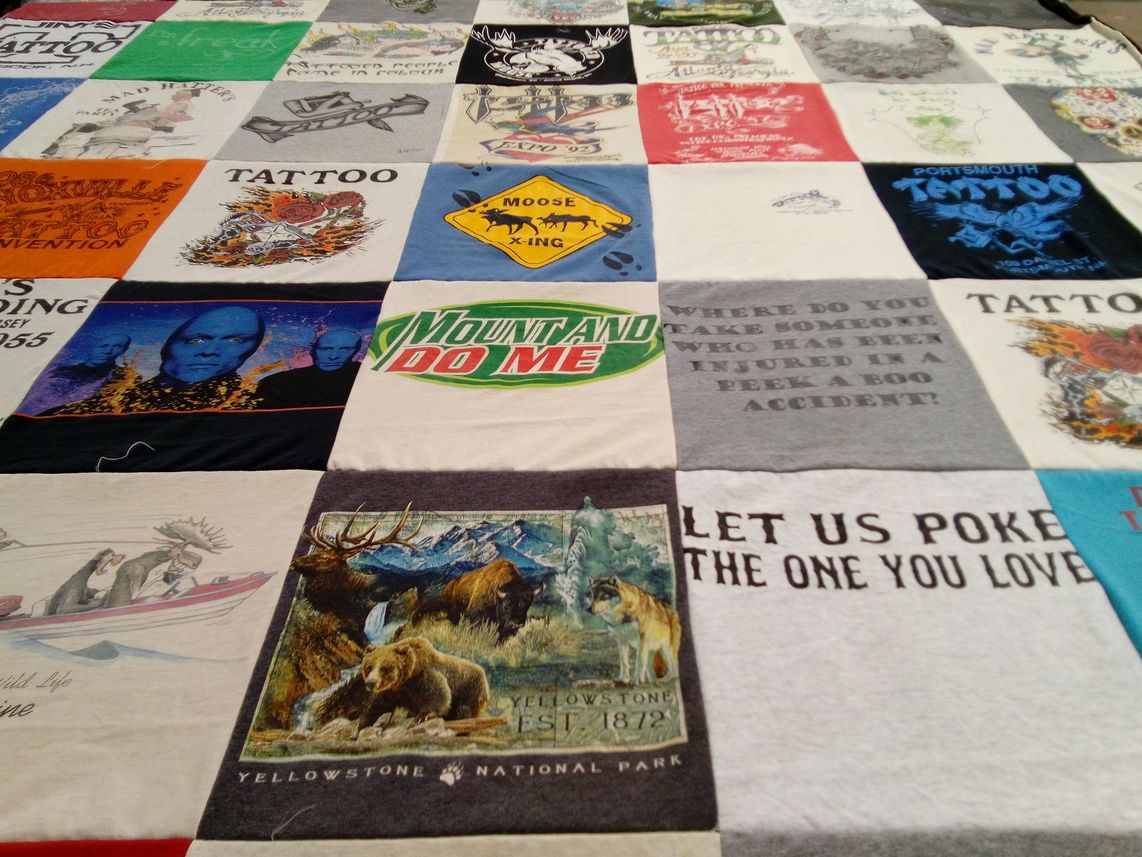 T-shirt quilt with tattoos, outdoors themes by Dale from ME