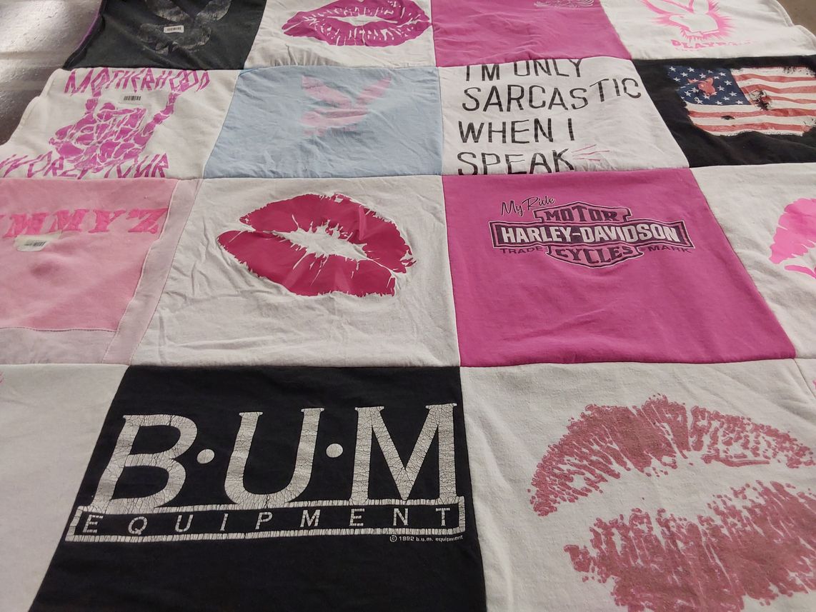 T-shirt quilt with motorcycles, humor themes by Jeannette from WA