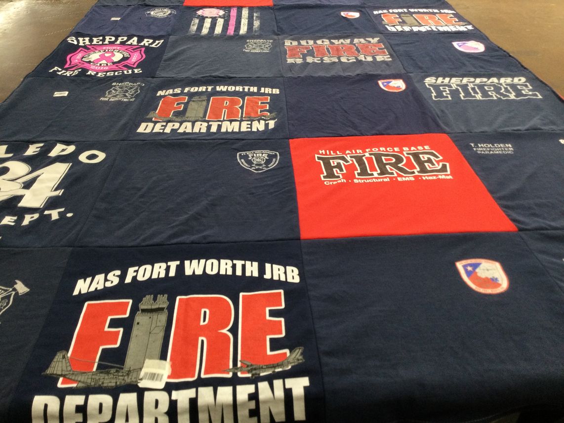 T-shirt quilt with firefighting, rescue operations themes by Nancy from WV