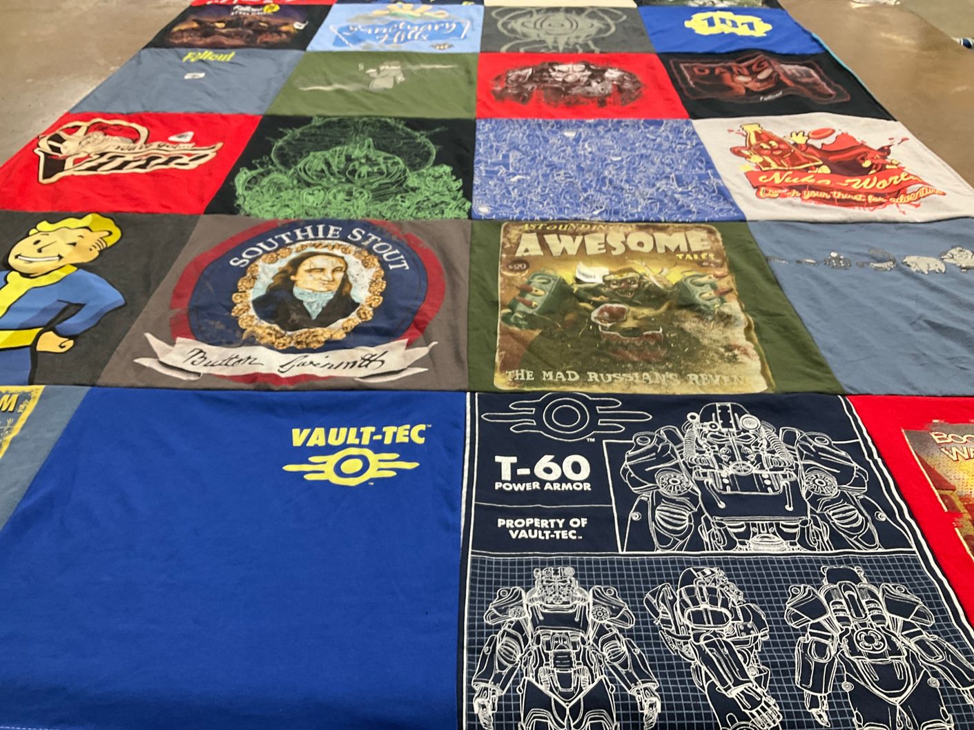T-shirt quilt with video games, graphic design themes by Elizabeth from PA