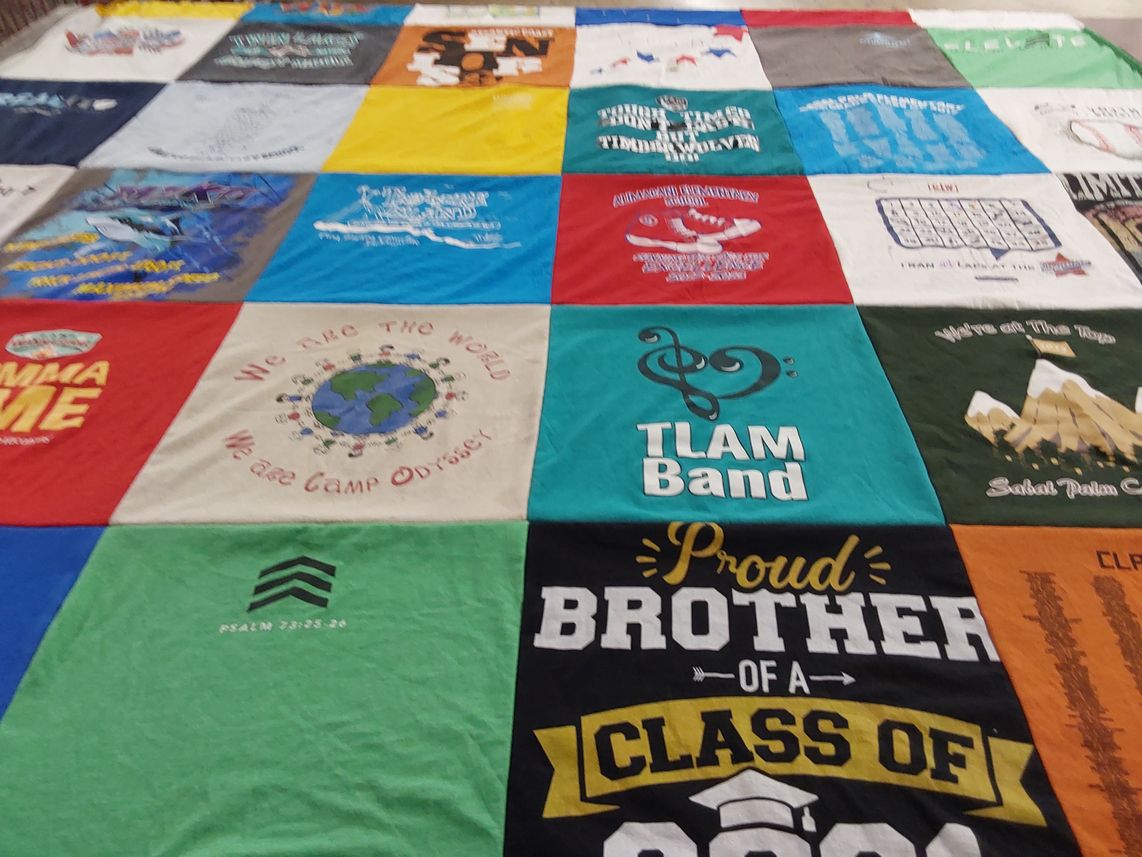 T-shirt quilt with camping, music themes by Missy from FL