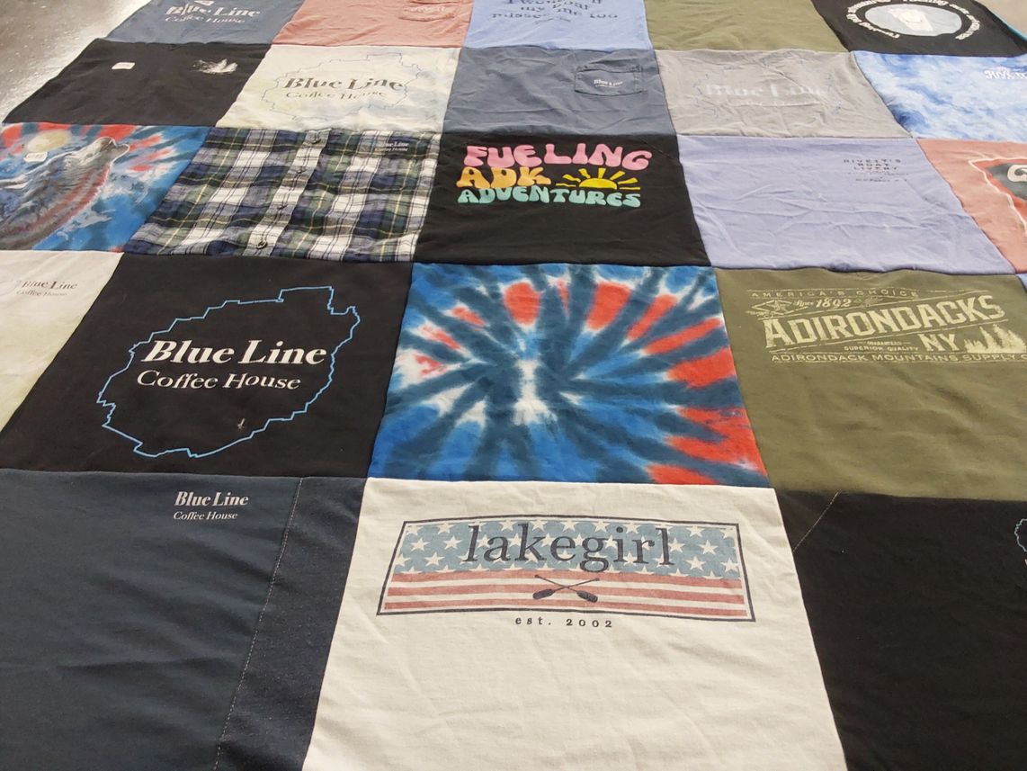 T-shirt quilt with outdoor activities, coffee culture themes by Carolina from MT