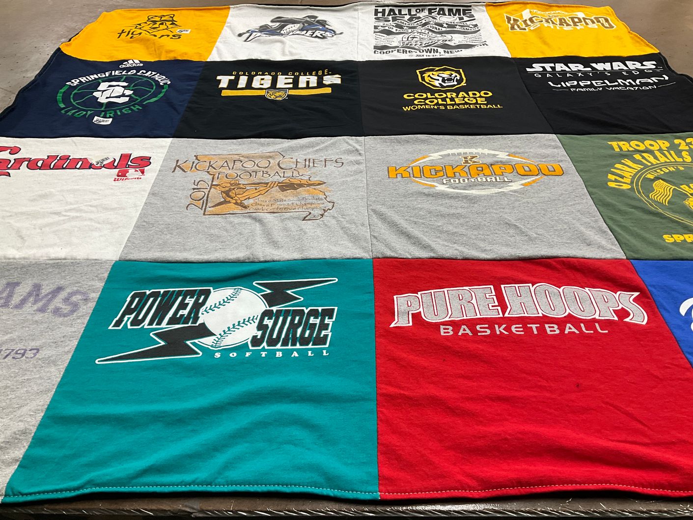 T-shirt quilt featuring kickapoo chiefs, springfield cardinals by Stan from MO