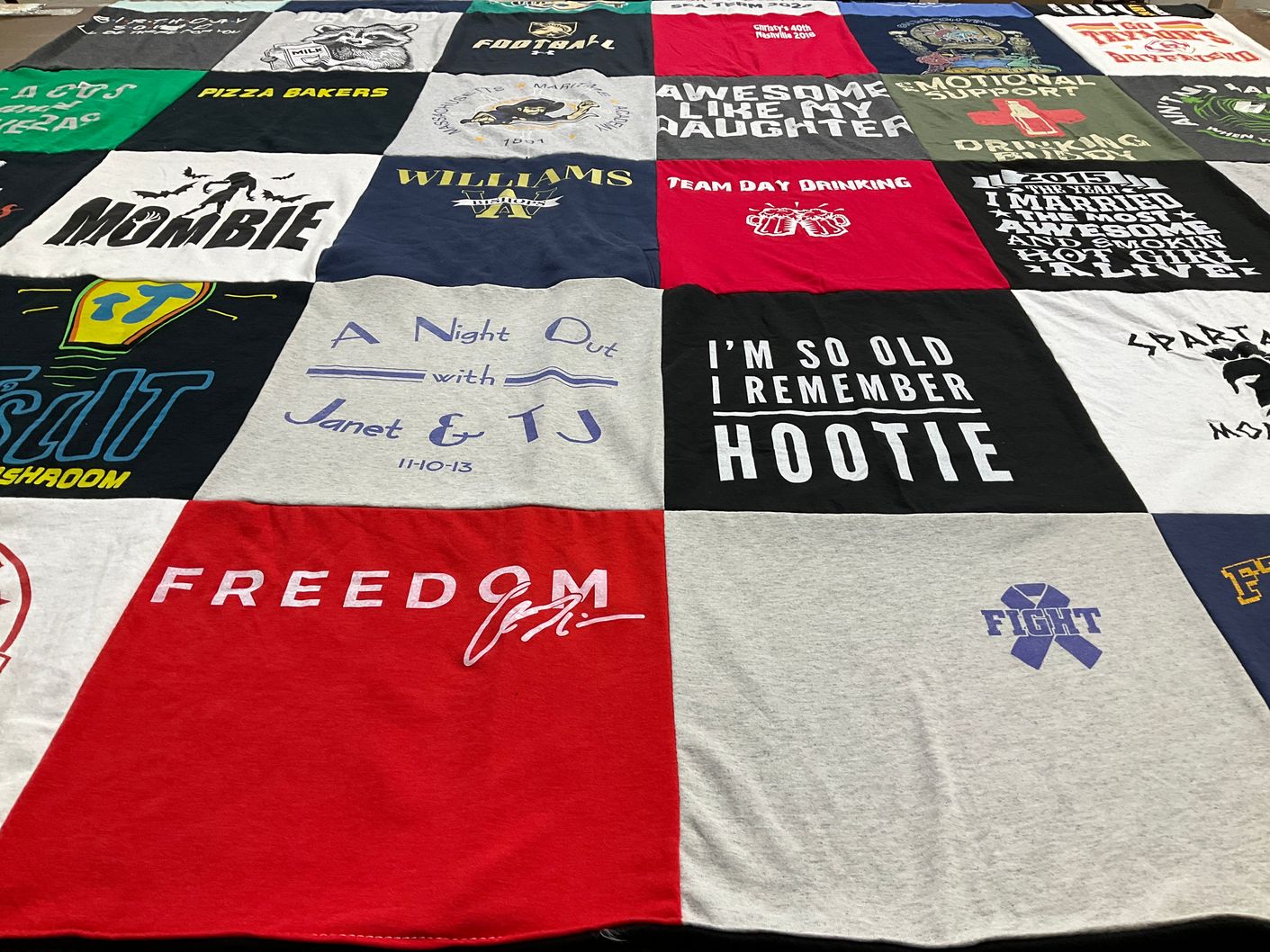 T-shirt quilt with team day drinking, emotional support themes by Christy from MA