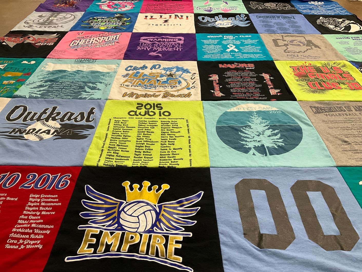T-shirt quilt with volleyball, softball themes by Candice from IN