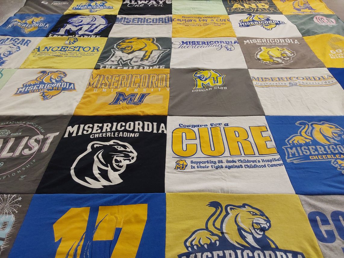 T-shirt quilt featuring misericordia cheerleading by Olivia from PA