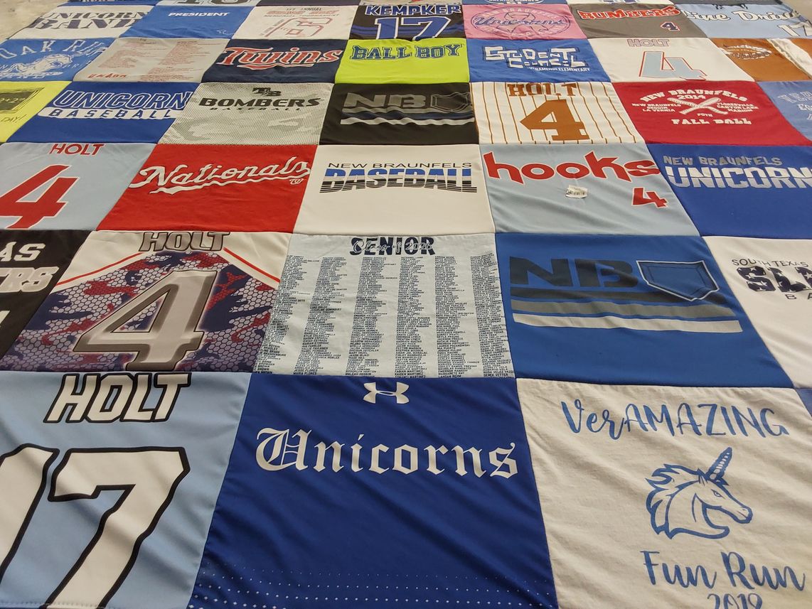 T-shirt quilt featuring unicorns baseball, hooks baseball by Julia from TX