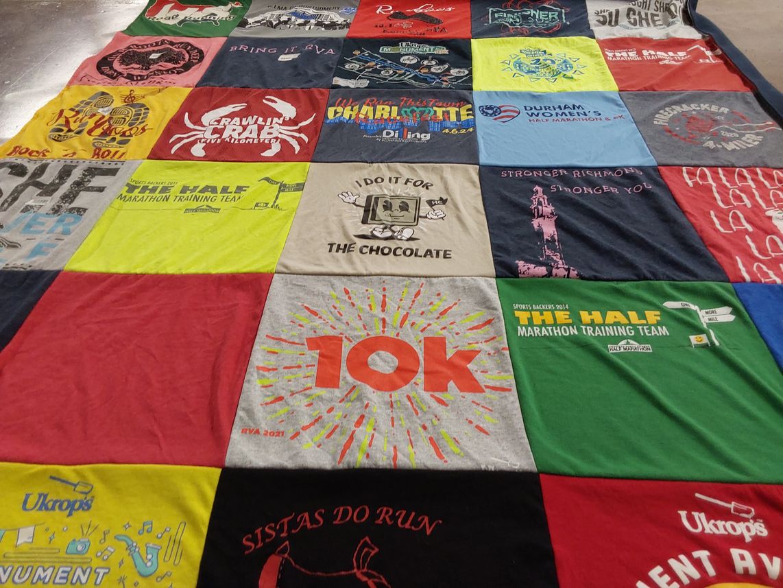 T-shirt quilt with running, marathons themes by Earline from VA