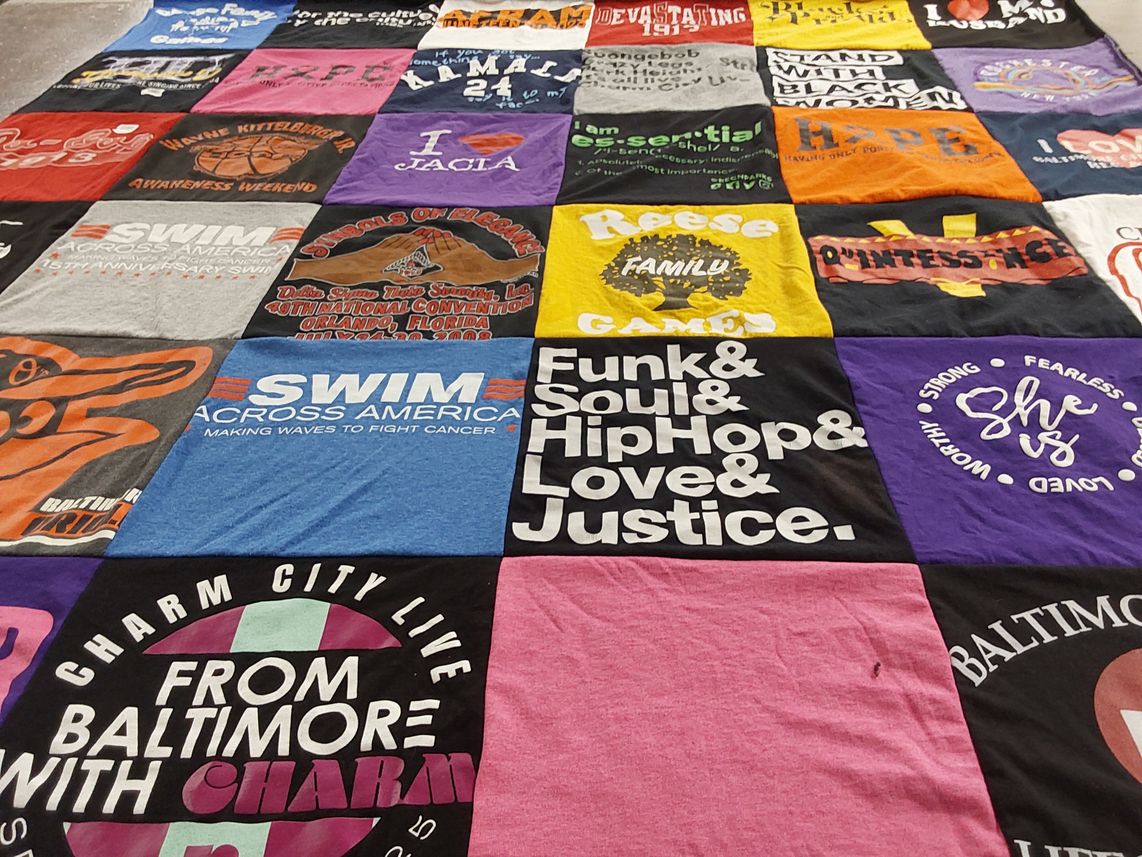 T-shirt quilt with community, cancer awareness themes by Jacia from MD
