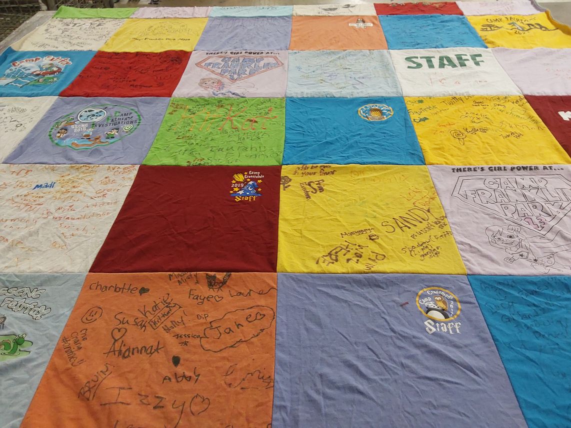T-shirt quilt with camping, outdoors themes by Karen from VA