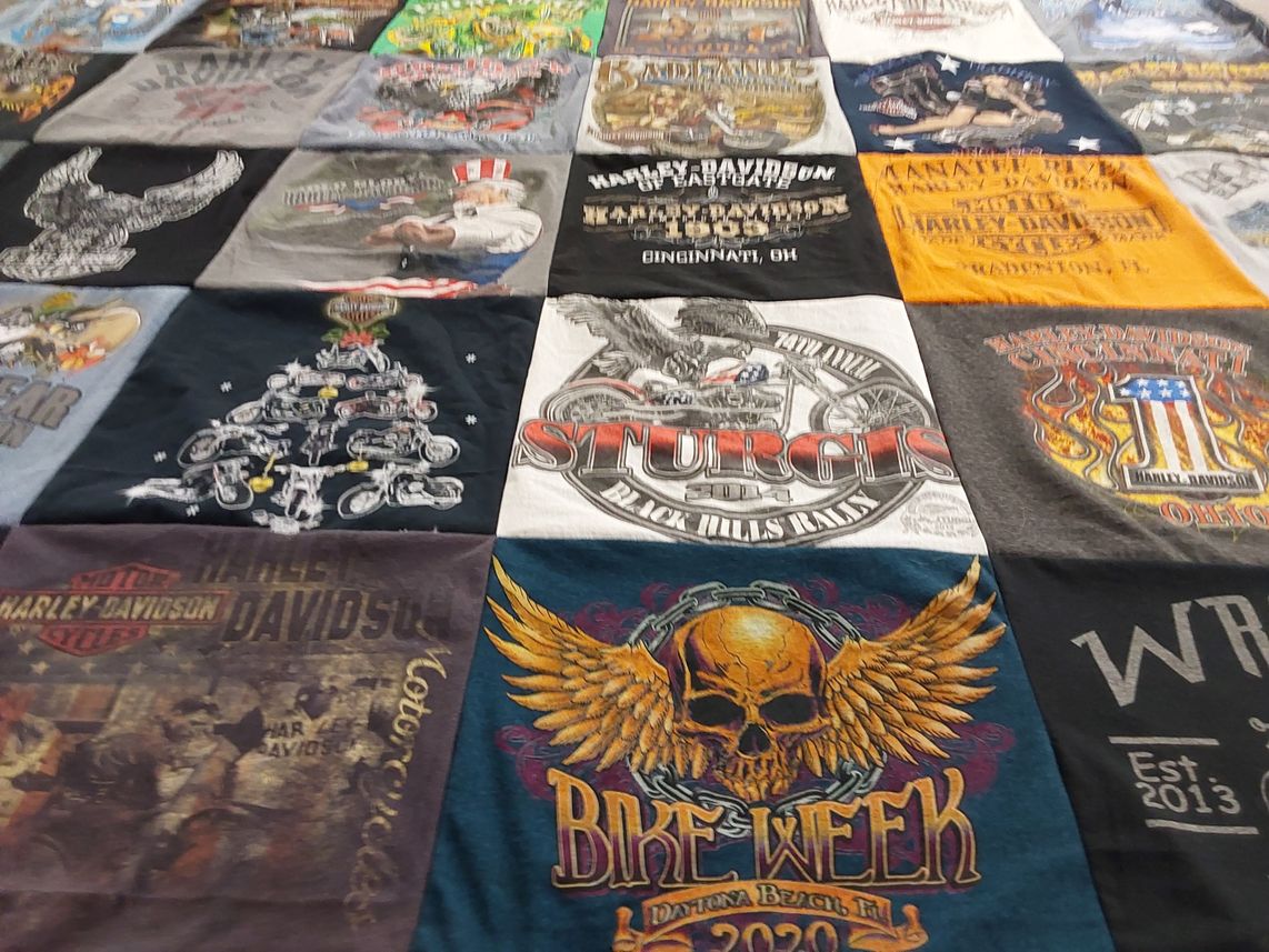 T-shirt quilt with motorcycling, biking themes by Christopher from VA