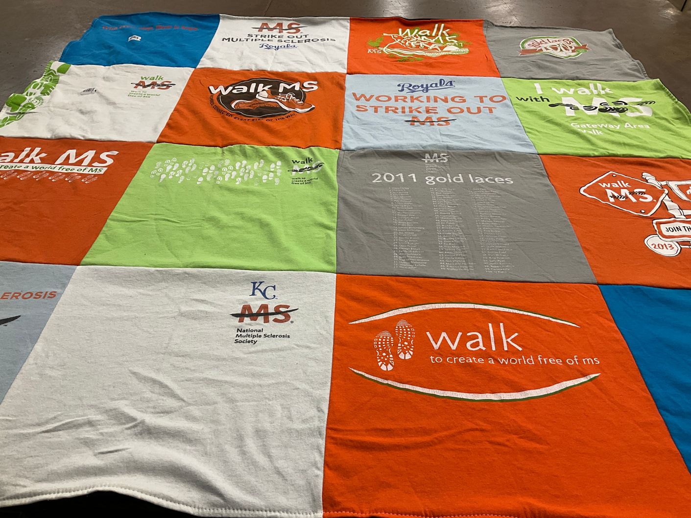 T-shirt quilt with multiple sclerosis awareness, charity walks themes by Amanda from NE