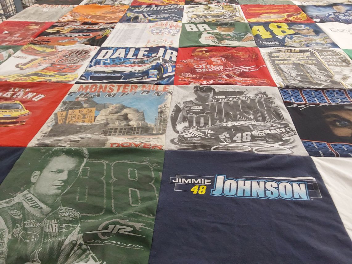 T-shirt quilt with auto racing, nascar themes by Julie from PA