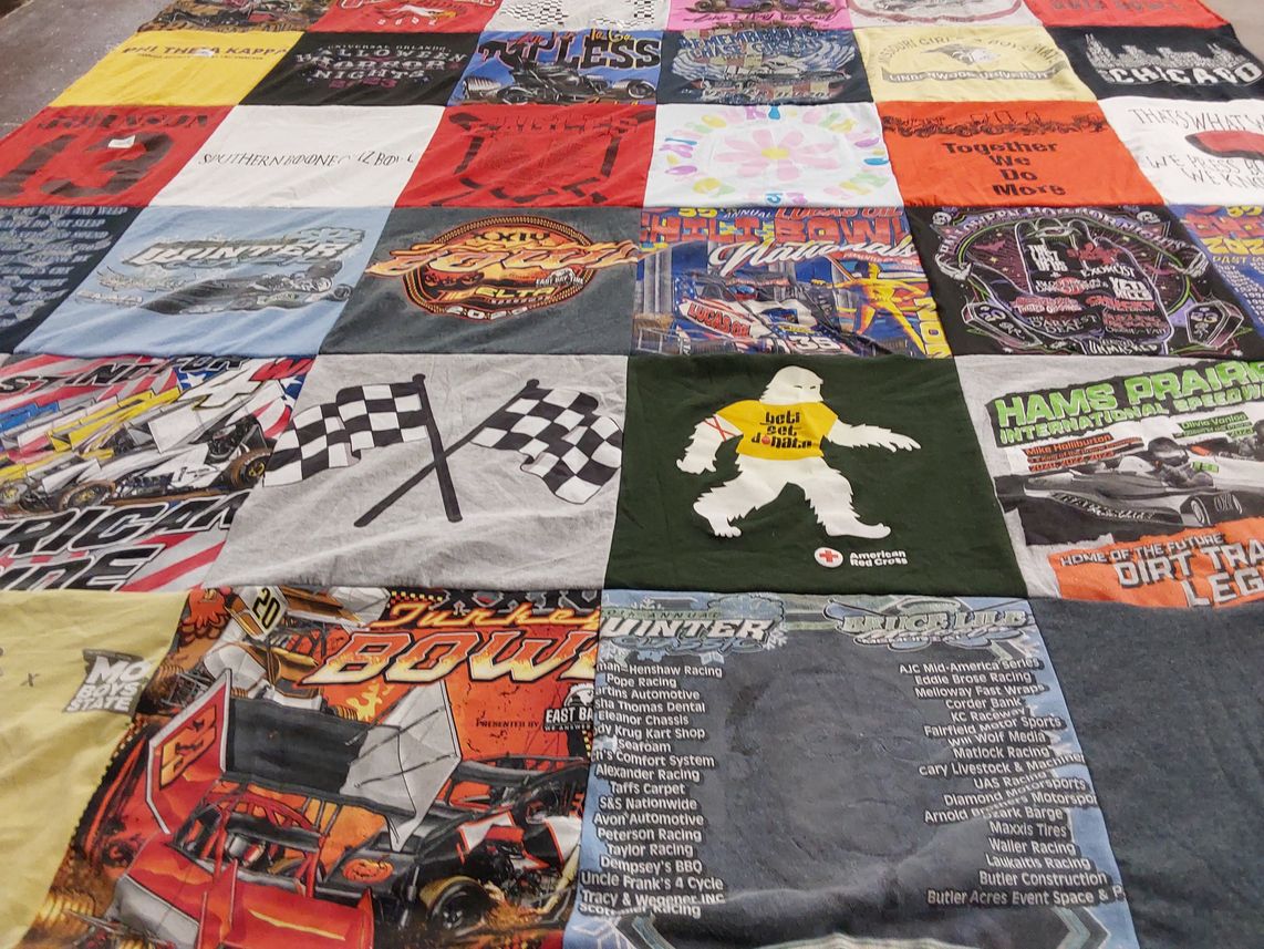 T-shirt quilt with motorsports, racing themes by Heather from MO