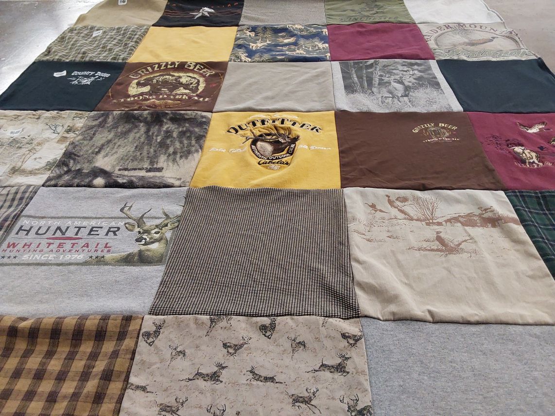 T-shirt quilt with hunting, outdoors themes by Rachele from NE