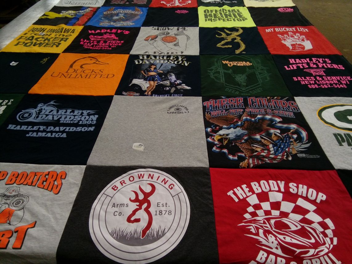 T-shirt quilt with motorcycles, hunting themes by Hillary from WI