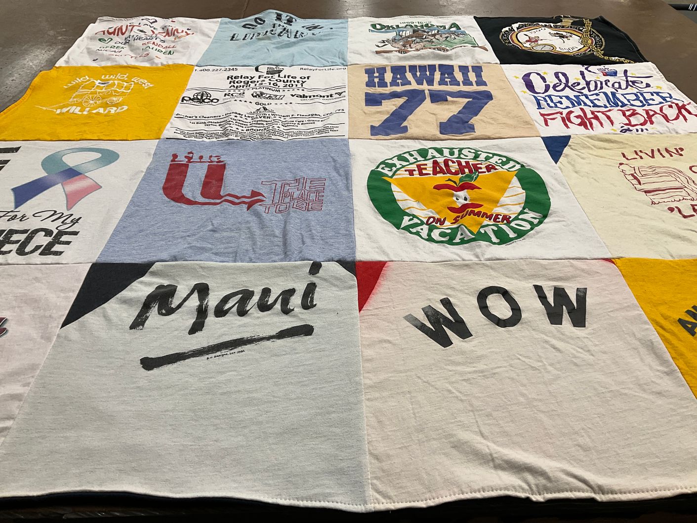 T-shirt quilt with summer, cancer awareness themes by Jenny from OK