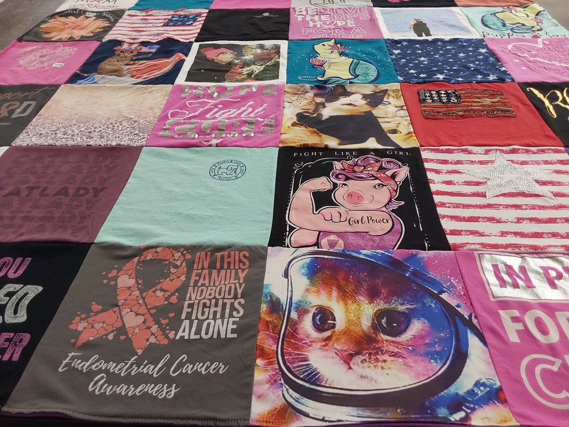 T-shirt quilt with breast cancer awareness, animals themes by Rebecca from VA