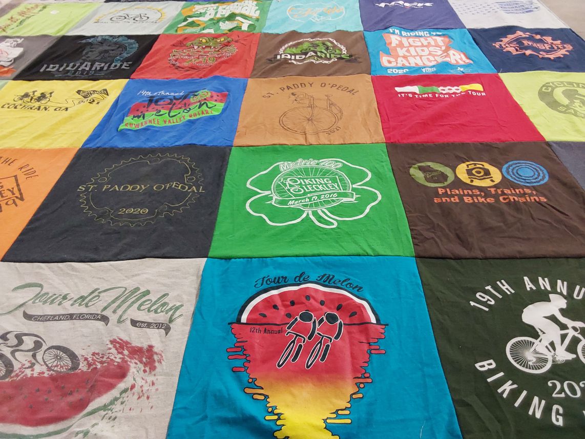 T-shirt quilt with biking, cycling themes by Kathryn from GA
