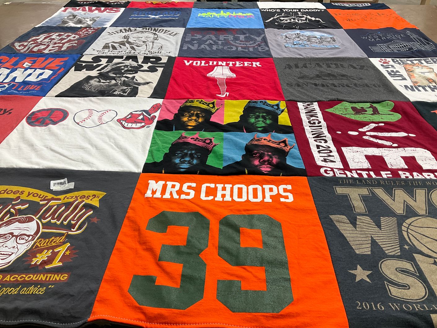 T-shirt quilt with baseball, taxes themes by Amy from OH