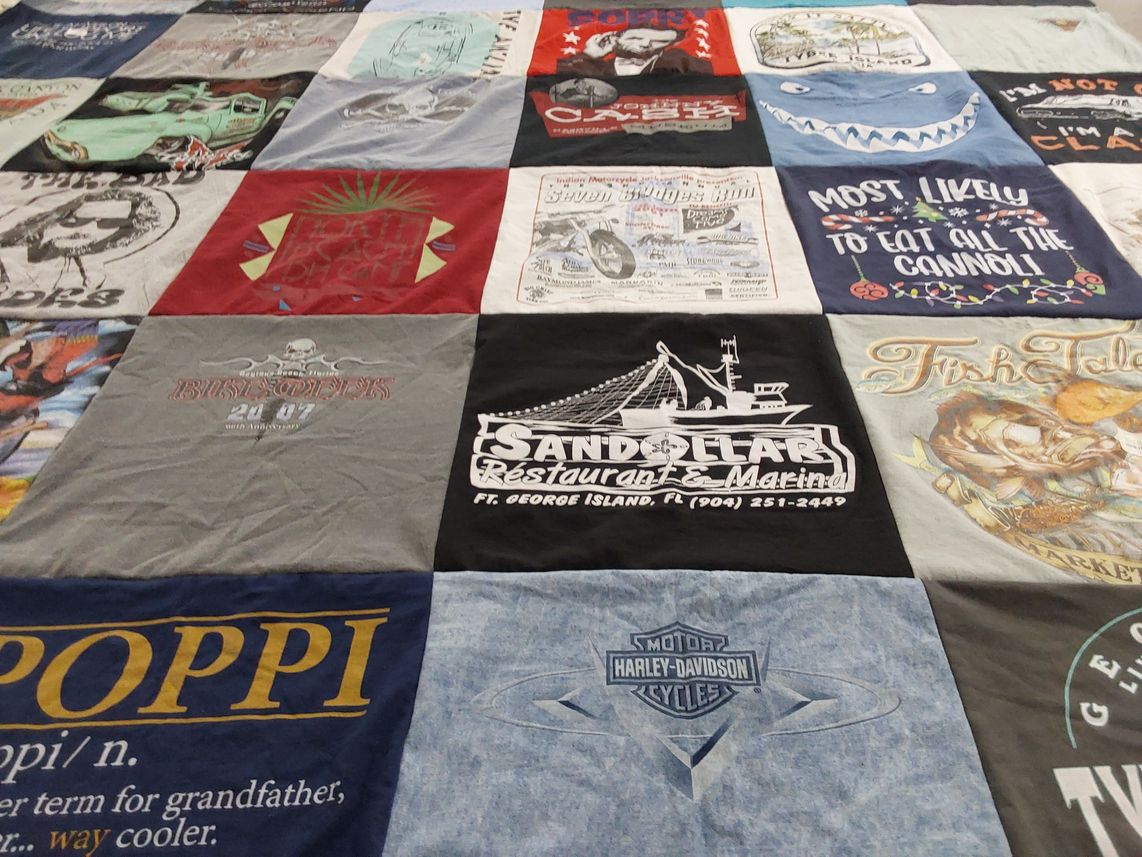 T-shirt quilt with fishing, restaurants themes by Neal from FL